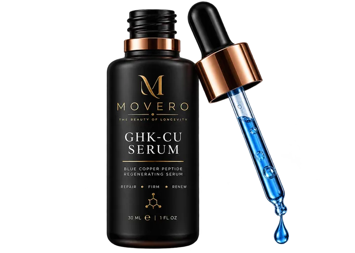 Movero GHK-CU Serum open bottle with dropper of blue copper peptide serum